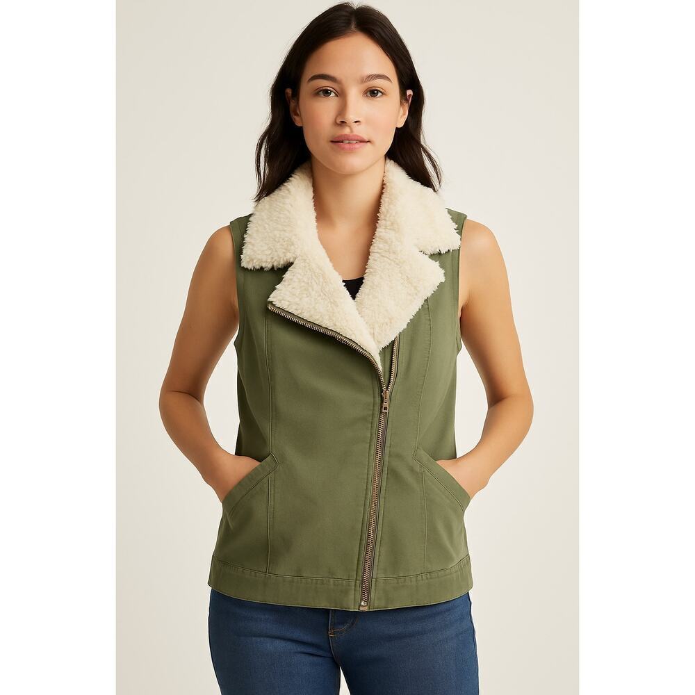 Sanctuary Olive Green Faux Shearling Collar Vest Size Small